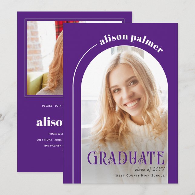 Class of 2026 GRADUATE arch purple photo Invitation (Front/Back)