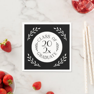 Class Of 2026 Graduate Chic Black White Botanical Napkins