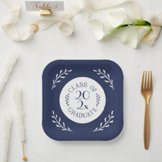 Class Of 2026 Graduate Chic Navy White Botanical Paper Plates