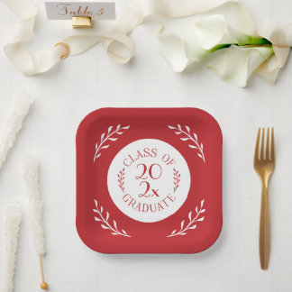Class Of 2026 Graduate Chic Red White Botanical Paper Plates