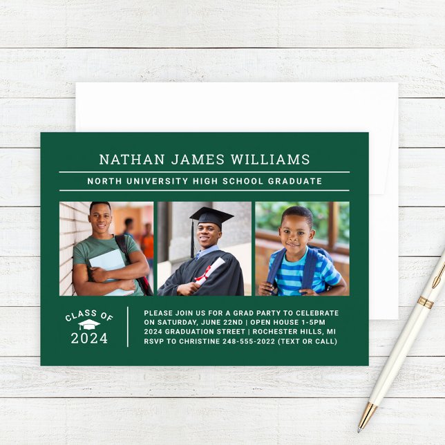 Class of 2026 Graduate Green 3 Photo Graduation Invitation (Creator Uploaded)