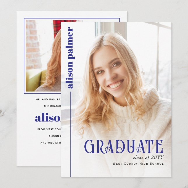 Class of 2026 GRADUATE minimalist blue photo Announcement (Front/Back)