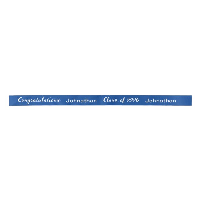 Class of 2026 Graduate Name Blue and White Script Satin Ribbon (Front)