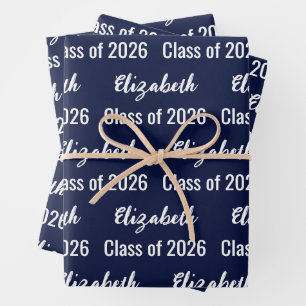 Class of 2026 Graduate Name Dark Blue and White Wrapping Paper Sheets