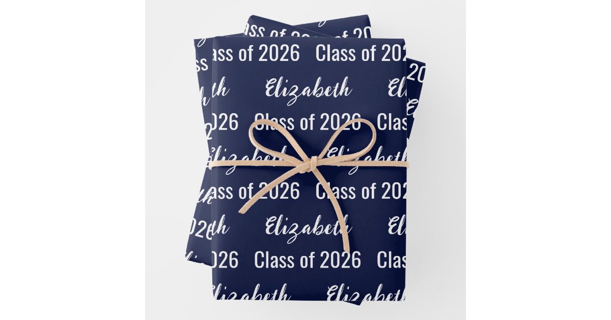 Class of 2026 Graduate Name Dark Blue and White Wrapping Paper Sheets ...