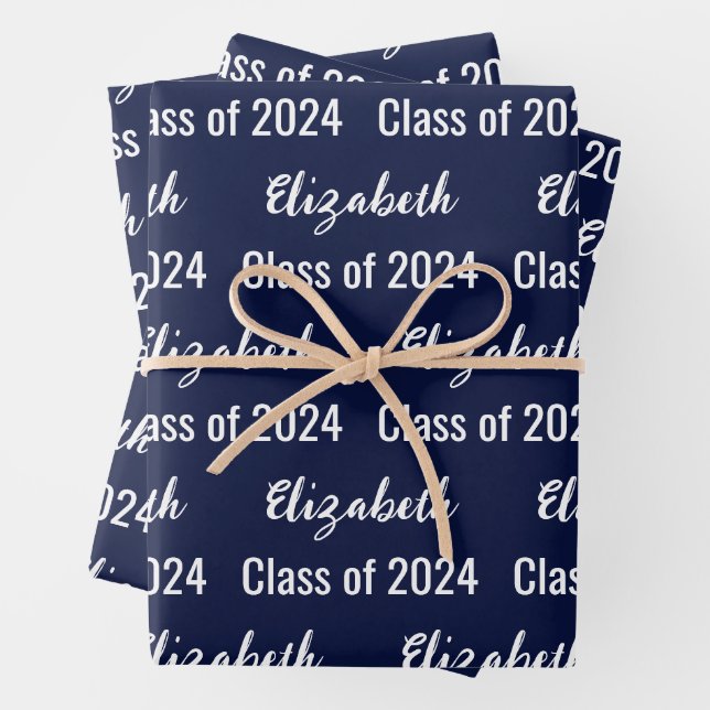 Class of 2026 Graduate Name Dark Blue and White Wrapping Paper Sheets (In situ)