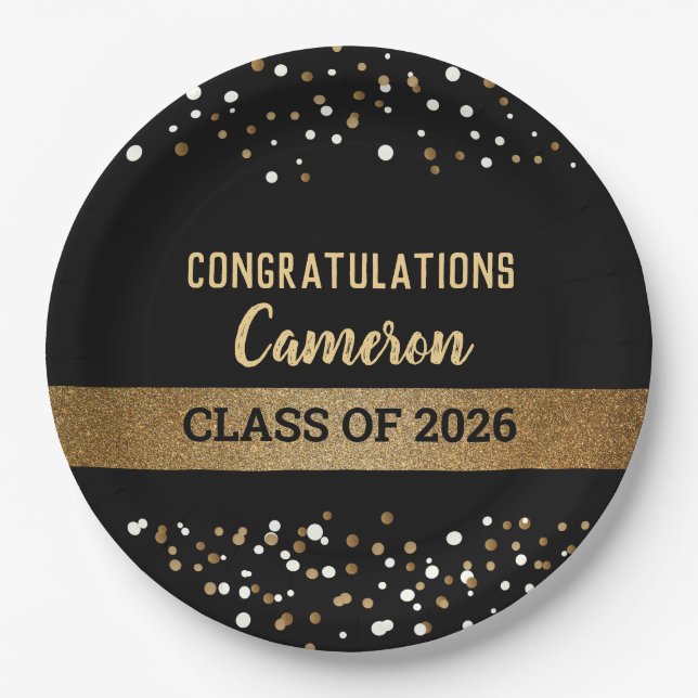 Class of 2026 Graduate Name Gold Confetti Paper Plates (Front)