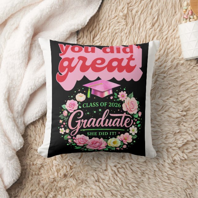 Class of 2026 Graduate She Did It Pink Floral Grad Throw Pillow (Blanket)