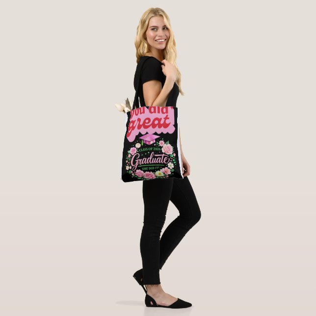 Class of 2026 Graduate She Did It Pink Floral Grad Tote Bag (On Model)