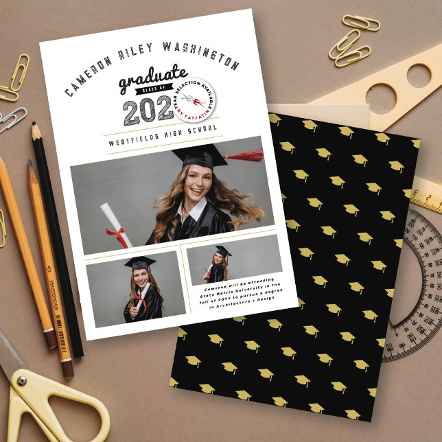 Class of 2026 Graduate Sketch 3 Photo Graduation Invitation (Class Of 20YY Bold Black & White Sketch Typography, 3 Photo Collage Graduation Announcement Card)