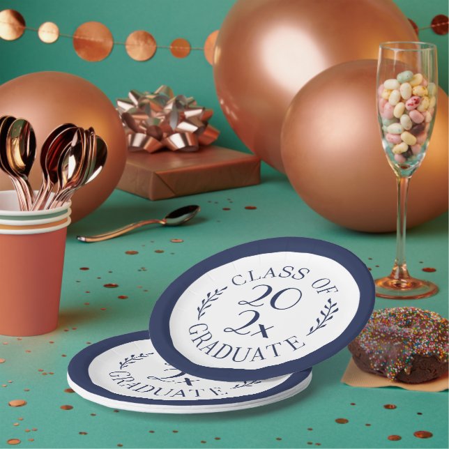 Class Of 2026 Graduate Typography Navy Border Paper Plates (Multi)