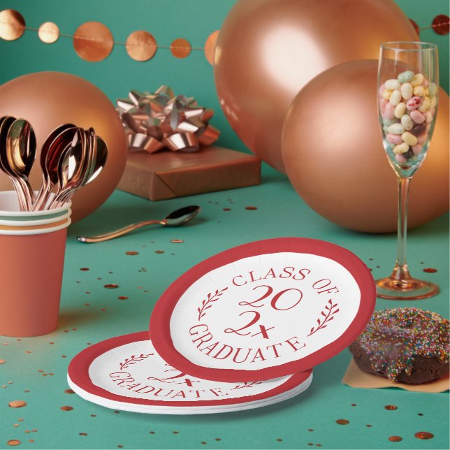 Class Of 2026 Graduate Typography Red Border Paper Plates (Multi)
