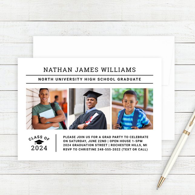 Class of 2026 Graduate White 3 Photo Graduation Invitation (Creator Uploaded)