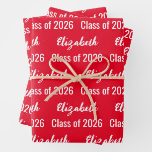 Class of 2026 Graduate's Name Bright Red and White Wrapping Paper Sheets