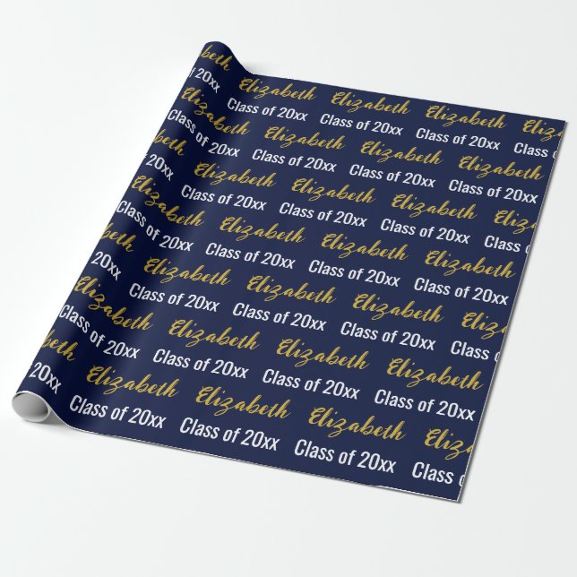 Class of 2026 Graduate's Name Dark Blue White Gold Wrapping Paper (Unrolled)