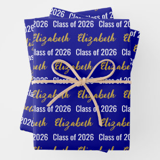 Class of 2026 Graduate's Name Dark Blue White Gold Wrapping Paper Sheets