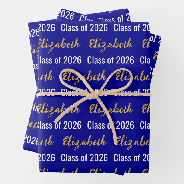 Class of 2026 Graduate's Name Dark Blue White Gold Wrapping Paper ...
