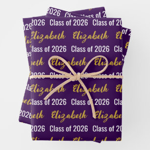 Class of 2026 Graduate's Name Dk Purple White Gold Wrapping Paper Sheets