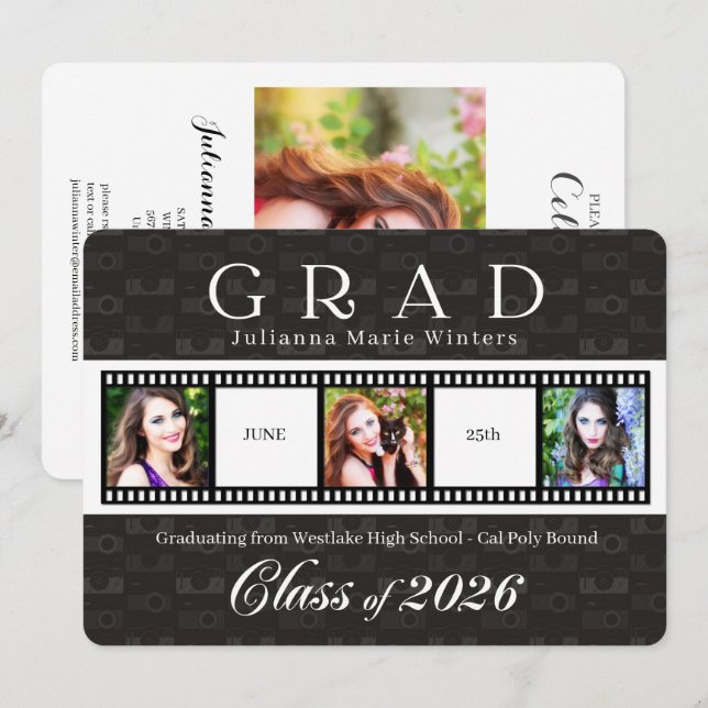 Class of 2026 Graduation Film Strip Theme 3 Photo  Invitation (Front/Back)