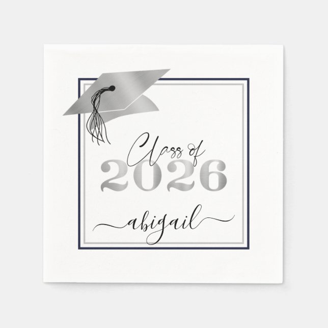  Class of 2026 Graduation Metallic Silver Script Napkins (Front)