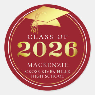 Class of 2026 Graduation Red Gold Name Classic Round Sticker
