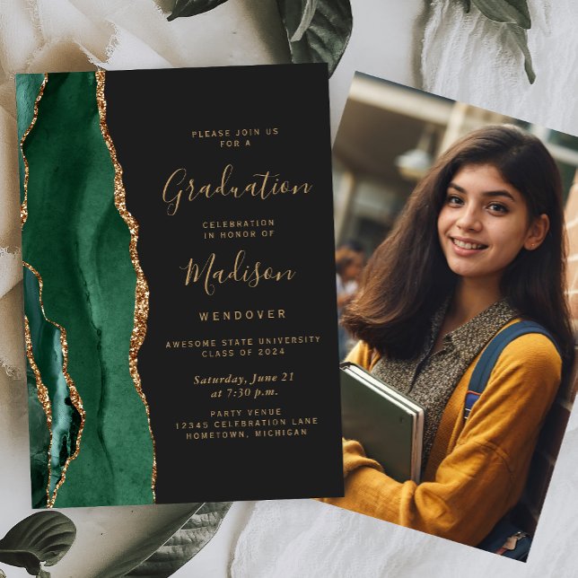 Class of 2026 Green Agate Photo Dark Graduation Invitation (Creator Uploaded)
