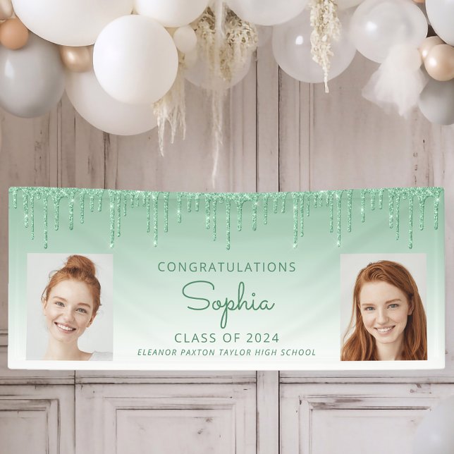 Class of 2026 Green Glitter 2-Photo Graduation Banner (Creator Uploaded)