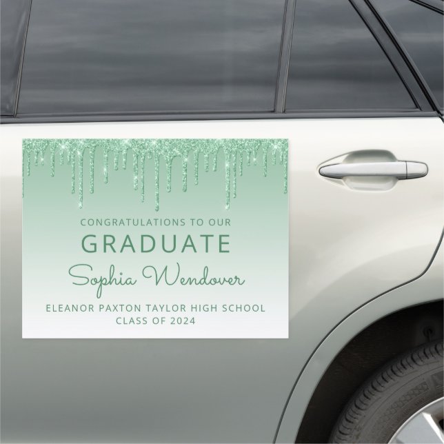 Class of 2026 Green Glitter Drip Graduation Car Magnet (In Situ)