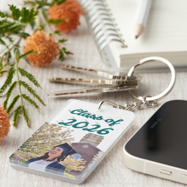 Class of 2026 green script graduation photo  keychain (Front Right)