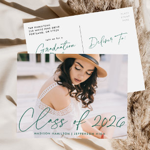 Class of 2026 Green Script Photo Graduation Party Invitation Postcard