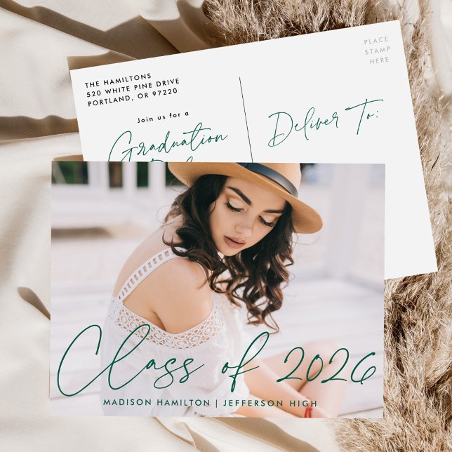 Class of 2026 Green Script Photo Graduation Party Invitation Postcard (Creator Uploaded)