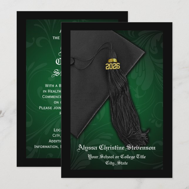 Class of 2026 Green Tassel Dignified Graduation Invitation (Front/Back)