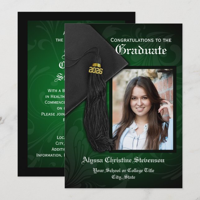 Class of 2026 Green Tassel Photo Graduation Invitation (Front/Back)