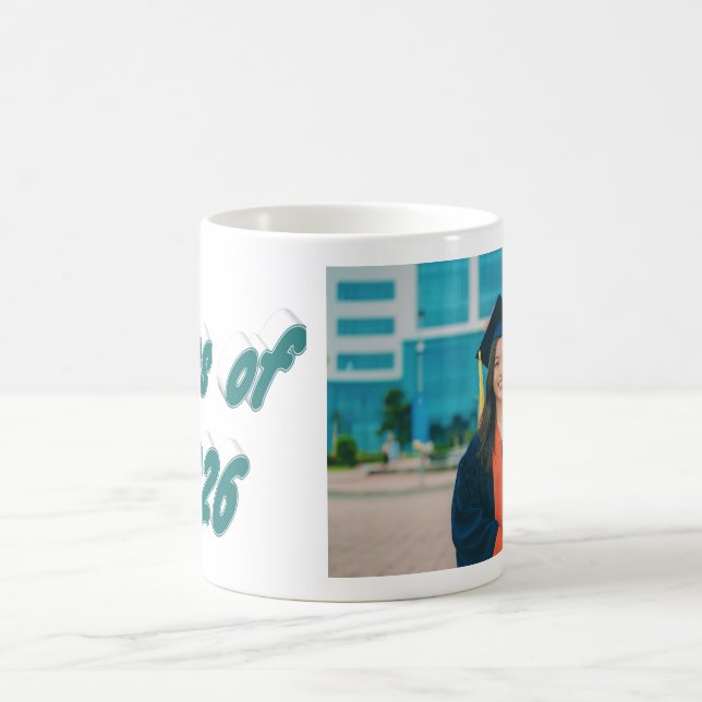 Class of 2026 green typography graduation photo  coffee mug (Center)
