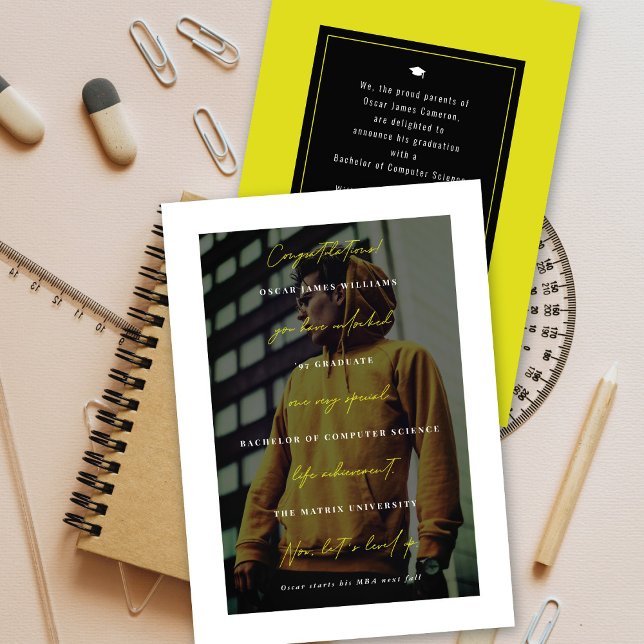 Class of 2026 Level Up Gamer Minimalist Photo Grad Announcement ('Level-up' Minimalist Typography Photo Graduation Announcement Card | fatfatin @ zazzle.com/color_th)