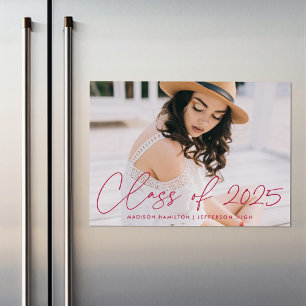 Class of 2026 Magenta Script Photo Graduation Magnetic Invitation