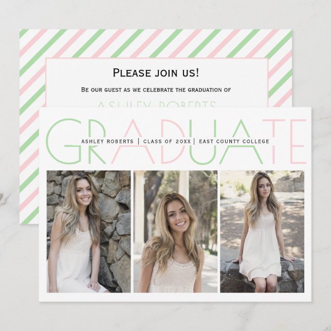 Class of 2026 mint green, blush graduation photo invitation (Front/Back)