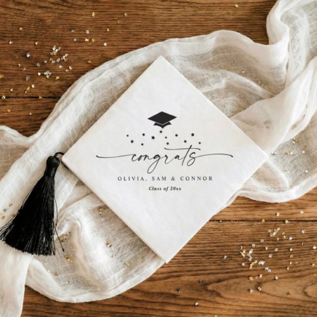 Class of 2026 Modern Black and White Graduation Napkins (Modern diagonal graduation napkins personalized with name and date in black and white)