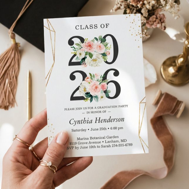 Class of 2026 Modern Gold Blush Floral Graduation Invitation (Creator Uploaded)