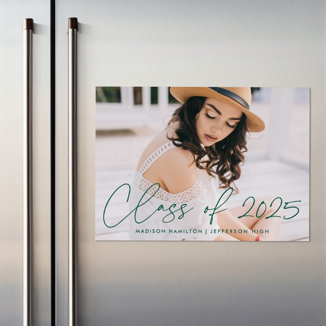 Class of 2026 Modern Green Script Photo Graduation Magnetic Invitation (Creator Uploaded)