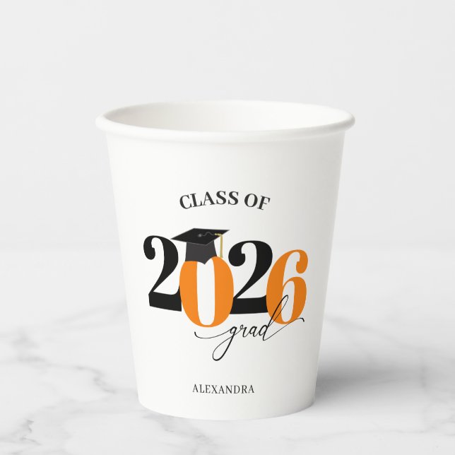 Class of 2026 Modern Tyopgraphy Orange Graduation Paper Cups (Front)