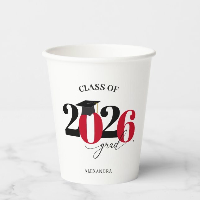 Class of 2026 Modern Tyopgraphy Red Graduation Paper Cups (Front)