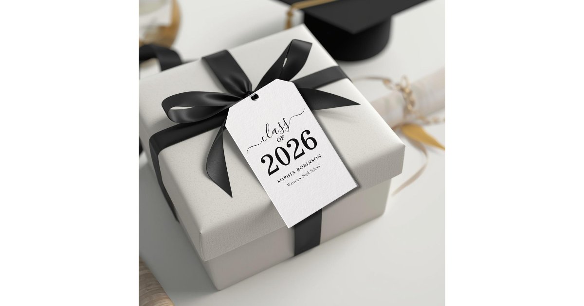 Class of 2026 Modern White Black Graduation Gift Tags | Zazzle