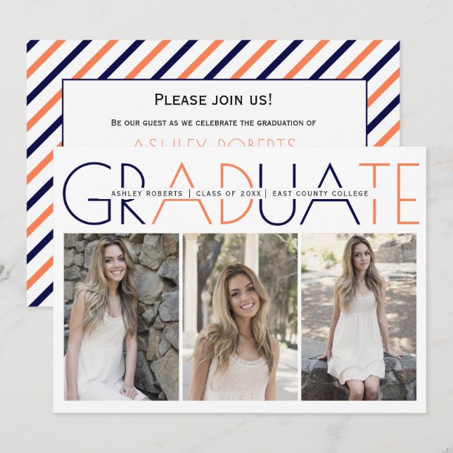 Class of 2026 navy blue, coral graduation photo invitation (Front/Back)