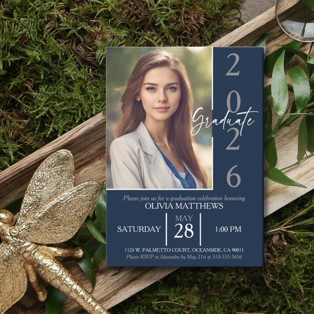 Class of 2026 Navy Blue Custom Photo Graduation  Invitation (Creator Uploaded)