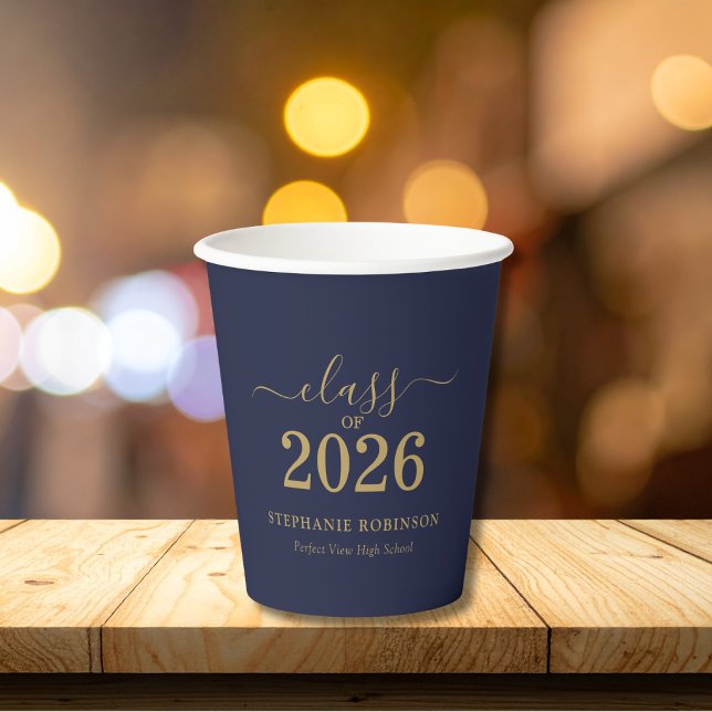 Class of 2026 Navy Blue Gold Graduation Party Paper Cups (Creator Uploaded)