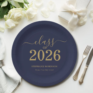 Class of 2026 Navy Blue Gold Graduation Party Paper Plates