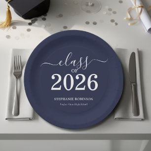 Class of 2026 Navy Blue Graduation Party Paper Plates