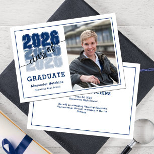 Class of 2026 Navy Blue Modern Bold Photo Grad Announcement