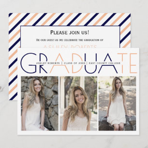 Class of 2026 navy blue, peach graduation photo in invitation